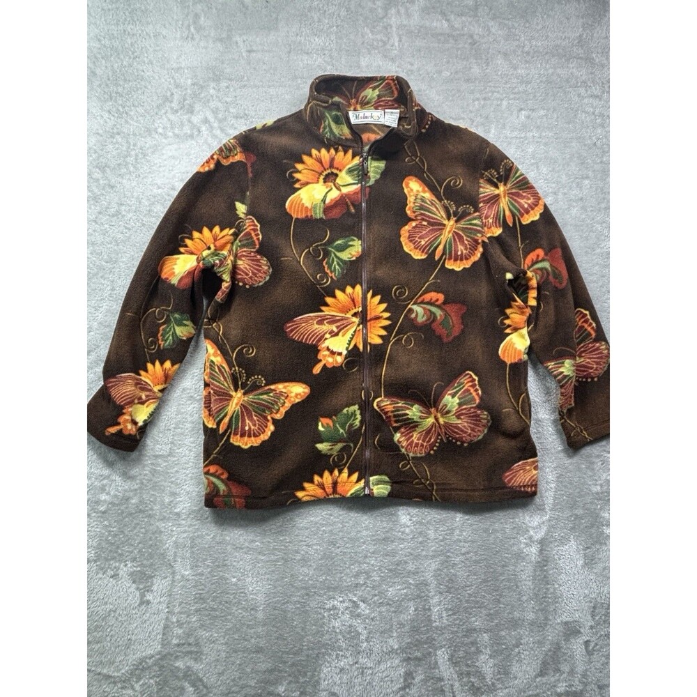 Malarkey Women’s XL Butterfly Fleece Jacket Brown Full Zip Floral Print